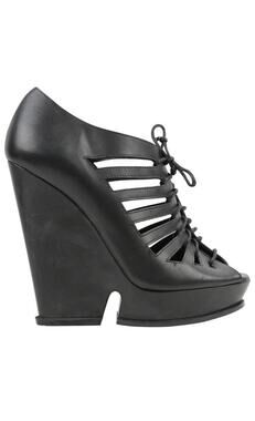 YSL Women's Black Hortense Leather Lace-Up Platform Wedge Heels Size 37.5